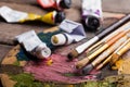 Oil paints and paint brushes Royalty Free Stock Photo