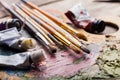 Oil paints and paint brushes Royalty Free Stock Photo