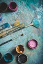 Oil Paints Palette And Paint Brushes, Close Up