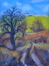 Oil pastel drawing of a country road