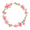Oil pastel of pink cherry blossom, floral wreath circle frame on white background, isolated illustration Royalty Free Stock Photo