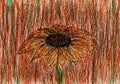 Oil pastels painting of abstract brown and yellow flower isolated on colored background