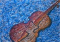 Oil pastels painting of abstract red and orange violin on blue background, musical instrument, art