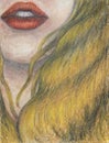 Oil pastels painting on canvas of woman with orange lips and long blond hair, drawing of closeup of face, mouth