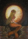 Oil pastels painting on canvas of blonde mermaid standing on a rock in the sea with big red moon on background, fantasy Royalty Free Stock Photo