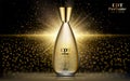 Oil perfume gold bottle with gold liquid on blurred sparkling background. Scent glass tube package design mockup. Women