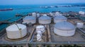 Oil and petrochemical tank, storage of oil and petrochemical products ready for logistic and transport business. Aerial view