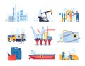 Oil petroleum industry. Flat style refinery factory. Platforms and tankers. Rigs and pumps. Gasoline transportation and