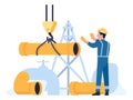 Oil petroleum industry. Pipeline building. Pipe lifting with crane. Professional worker repairing petrol equipment