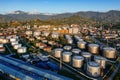 Oil or petroleum storage tanks, aerial drone view