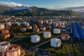 Oil or petroleum storage tanks, aerial drone view