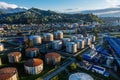 Oil or petroleum storage tanks, aerial drone view Royalty Free Stock Photo
