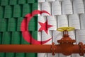 Oil pipe and barrels with painted flag of Algeria. Petroleum industry related 3d rendering