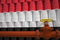 Oil pipe and barrels with painted flag of Yemen. Petroleum industry related 3d rendering