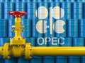 Oil pipe line valve in front of the barrels with OPEC siymbol Royalty Free Stock Photo