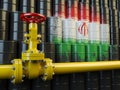 Oil pipe line valve in front of the Iranian flag on the oil barr Royalty Free Stock Photo