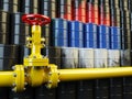 Oil pipe line valve in front of the russian flag on the oil barr Royalty Free Stock Photo