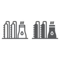 Oil plant line and glyph icon, industy and refinery, power factory sign, vector graphics, a linear pattern on a white