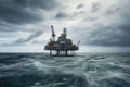 Oil platform in the ocean in cloudy stormy weather. Generative AI