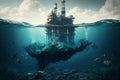 Oil platform in ocean. Drilling, oil extraction, pollution, swimming fish underwater Royalty Free Stock Photo