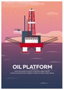 Oil Platform Poster. Sea. Oil exploration. Vector flat illustration.