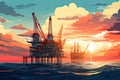 Oil platform on the sea at sunset. Vector illustration in cartoon style, Oil and gas industry background. Oil and gas platform or Royalty Free Stock Photo