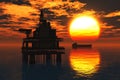 Oil Platform and Tanker in the Sea Sunset 3D rende Royalty Free Stock Photo