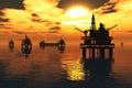 Oil Platform and Tanker in the Sea Sunset 3D rende Royalty Free Stock Photo