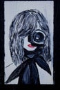 Oil portrait. Girl with a camera. Background. Texture. Design.