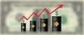The price of oil is rising. Barrels of oil, dollar and infographics with a red up arrow. Rising crude oil prices concept, vector Royalty Free Stock Photo