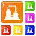 Oil processing factory icons set vector color