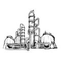 OIl production plant. Sketch style drawing isolated on a white background.