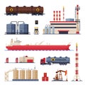 Oil Production, Processing and Transportation Set, Gasoline and Petroleum Industry Flat Style Vector Illustration