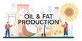 Oil production typographic header. Glass bottle of vegatable oil: cocoa,