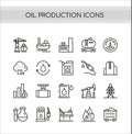 Oil production vector illustration set, oilfield drilling pump station, tanker ship or truck transportation, refinery