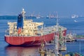 Oil products tanker under cargo operations Royalty Free Stock Photo