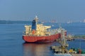 Oil products tanker under cargo operations Royalty Free Stock Photo