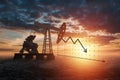 Oil pump, derrick industrial oil production at sunset, oil prices graph down arrows. Technology concept, fossil energy sources, Royalty Free Stock Photo