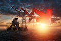 Oil pump, derrick industrial oil production at sunset, oil prices graph down arrows. Technology concept, fossil energy sources, Royalty Free Stock Photo