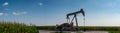 Oil pump jack against an open sky in a rural midwest corn field Royalty Free Stock Photo