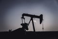 Oil pump jack against an open sky in a rural midwest corn field Royalty Free Stock Photo