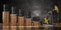 Oil pump jack and barrels on stacks of coins. Decrease of price of crude oil or oil explorati concept. Stock market of crude oil,