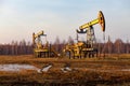 Oil pump jack rocking with pipeline in the background. Rocking machines for power generation. Extraction of oil Royalty Free Stock Photo