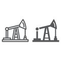 Oil pump line and glyph icon, production and industry, oil derrick sign, vector graphics, a linear pattern on a white
