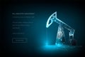 Oil pump low poly wireframe art on dark blue background. Oil industry equipment. Oil rig. Polygonal illustration