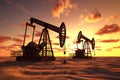 Oil pump oil rig energy industrial machine for petroleum in the sunset background. Generative AI Royalty Free Stock Photo