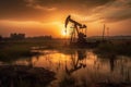 Oil pump setting at sunrise, capturing the energy of a new day. Generative AI. Royalty Free Stock Photo