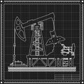 Oil pump silhouette on blueprint background. Vector