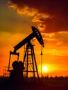 An oil pump silhouette at sunset. A silhouette of an oil pump against a sunset