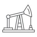 Oil pump thin line icon, production and industry, oil derrick sign, vector graphics, a linear pattern on a white